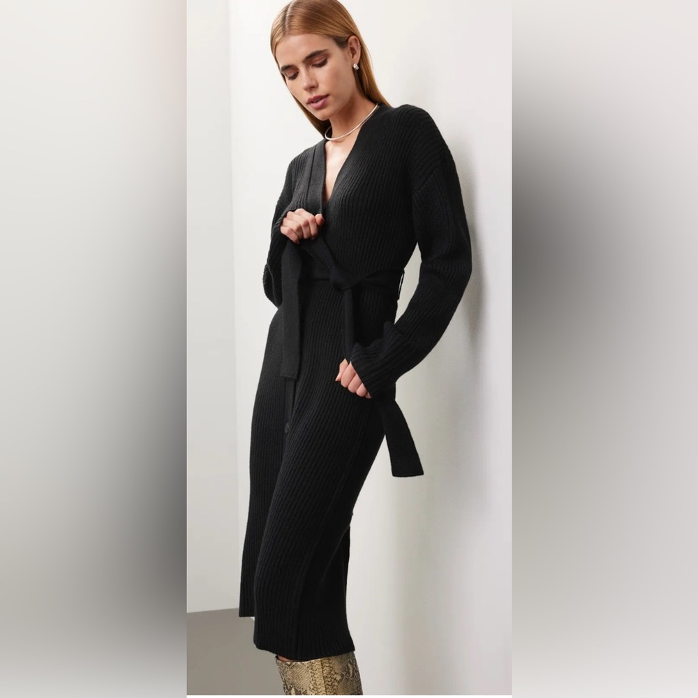 Black Ribbed Knit Cardigan With Belt
